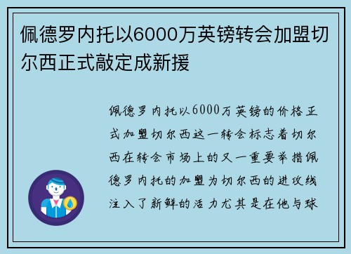 佩德罗内托以6000万英镑转会加盟切尔西正式敲定成新援 佩德罗内托以6000万英镑转会加盟切尔西正式敲定成新援